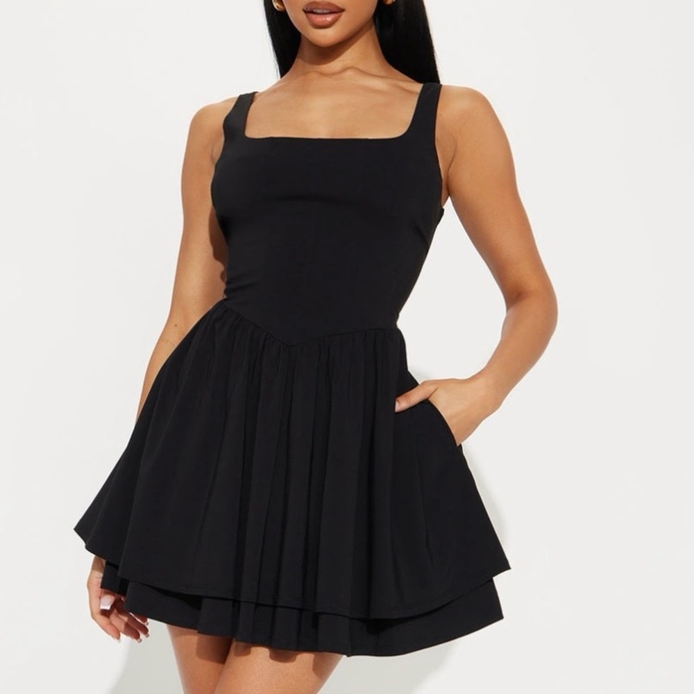 Fashion Nova Black Square-Neck Tiered Mini Dress